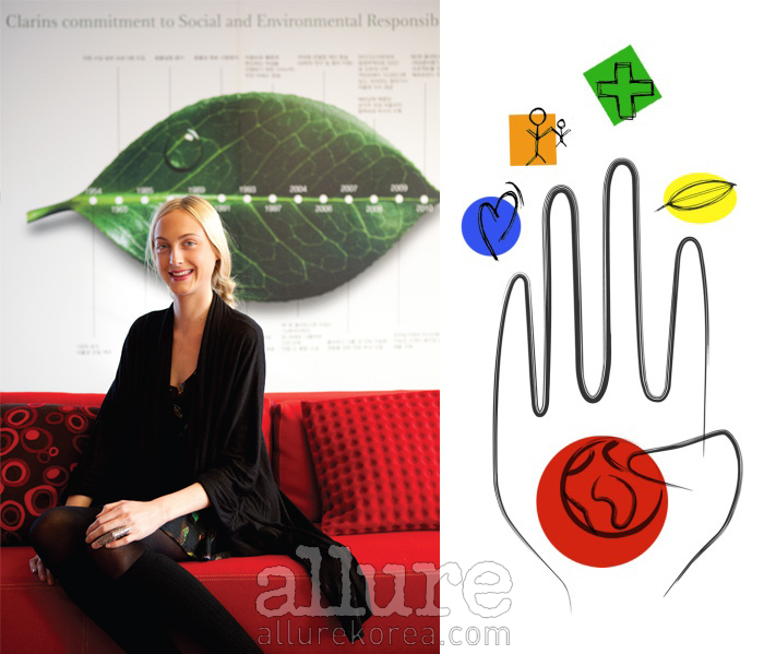 클레어 쿠르탱은 프랑스의 영 에코 디자이너로 클라란스 회장의 딸이기도 하다. 일러스트는 그녀가 디자인한 것으로, 클라란스의 ‘지속 가능한 발전’을 상징한다