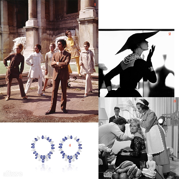 1 1967년, 자신이 디자인한 의상을 입은 모델들과 포즈를 취한 디자이너 발렌티노 2 1950년대 여배우의 모습을 담은 릴리안 바스만의  3 시네시타 스튜디오에서 영화 를 촬영 중인 여배우 아티나 에트버크. 4 1950~60년대 여배우들에게 영감 받은 쇼파드의 ‘레드 카펫 컬렉션’의 하이 주얼리 귀고리.