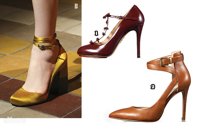 1 송아지 가죽 소재 슈즈는 샬롯 올림피아 바이 라 꼴렉시옹(Charlotte Olympia by La Collection). 2 소가죽 소재 슈즈는 21만9천원, 게스슈즈(Guess Shoes).