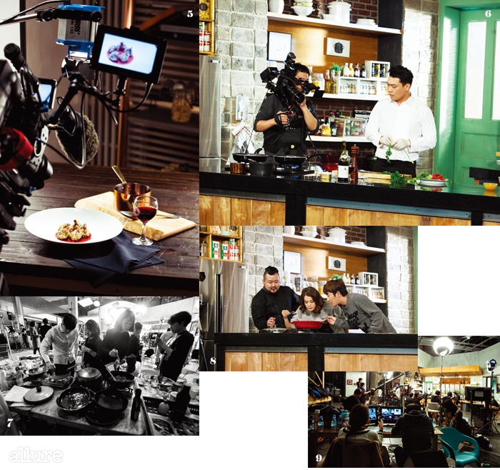 6 첫 번째로 촬영을 시작한 이현오 셰프. 7 사진 촬영을 위해 완성된 요리는 한번 더 조리대에 오른다. 8 김소봉 셰프의 요리를 맛보고 있는 두 MC. 9 촬영을 위해 가양동 CJ E&M 스튜디오에 모인 수십 명의 스태프.    