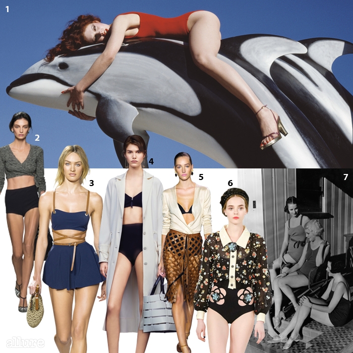 1 기 부르댕이 촬영한 찰스 주르당의 1976년 봄/여름 광고 사진. 2 보테가 베네타. 3 마이클 코어스. 4 발렌시아가. 5 알투자라. 6 샤넬. 7 저지 수영복을 입은 1930년대 여배우들.