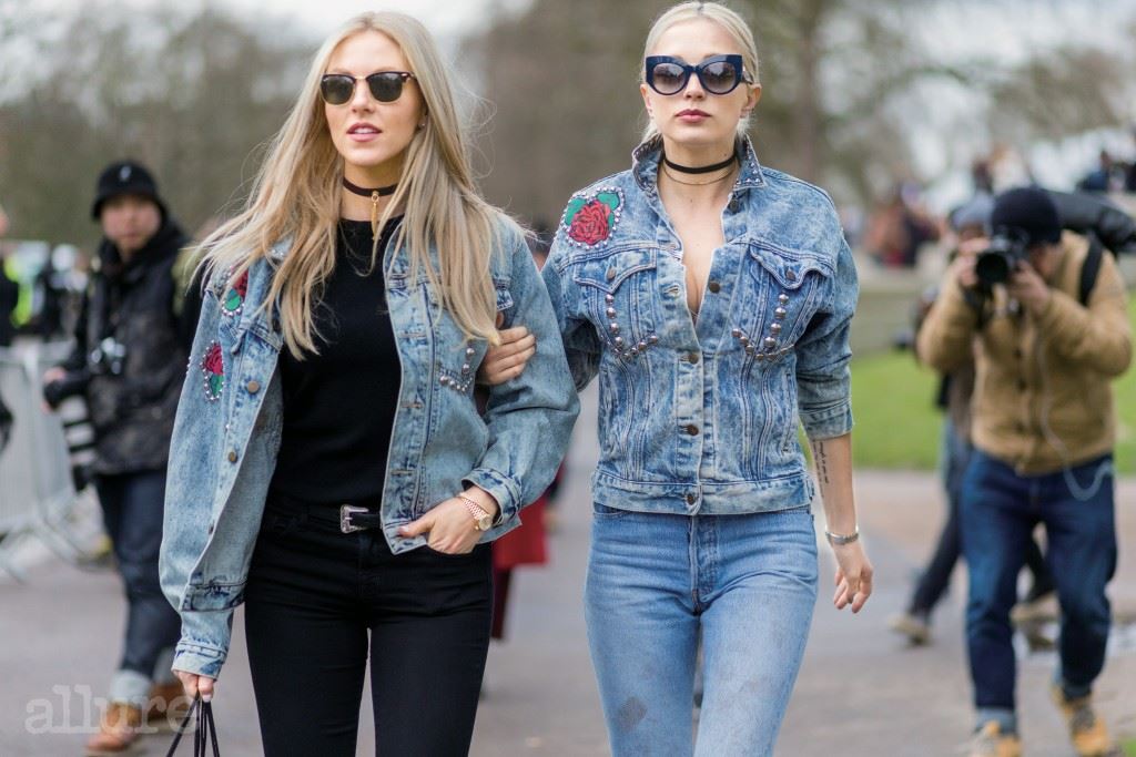 LONDON, ENGLAND - FEBRUARY 22: Shea Marie wearing a light blue denim jacket and black denim jeans and Caroline Vreeland seen outside Burberry during London Fashion Week Autumn/Winter 2016/17 on February 22, 2016 in London, England, United Kingdom. (Photo by Christian Vierig/Getty Images)