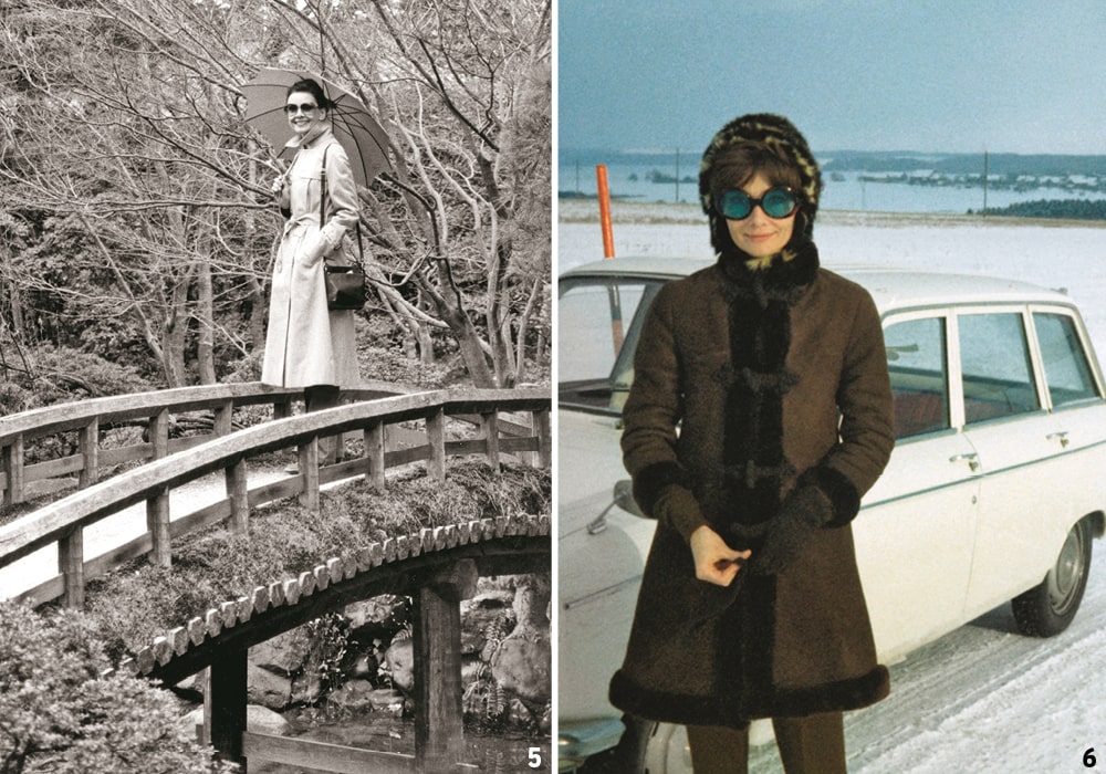 5 일본 교토 금각사에서, 1983년 도쿄에서 열린 지방시 30주년 회고전을 축하하는 오트 쿠튀르 패션쇼를 위해 가족과 함께 일본을 방문한 오드리 헵번. 2 안드레아 도티가 찍은 오드리 헵번, 1969년 검소한 생활을 했던 그녀가 겨울마다 즐겨 입은 코트.