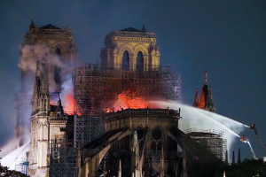 Firefighters work to extinguish the fire outside famed Notre-Dame Cathedral on April 15, 2019 in Paris, France.  A massive fire is ripping through the cathedral in central Paris, toppling the spire on the 850-year-old Gothic monument and leaving France in shock over the potential loss of one of the nation's most famous landmarks. The cause is unknown but officials said it was possibly linked to ongoing renovation work. Pictured: Notre-Dame de Paris Ref: SPL5080268 150419 NON-EXCLUSIVE Picture by: SplashNews.com Splash News and Pictures Los Angeles: 310-821-2666 New York: 212-619-2666 London: 0207 644 7656 Milan: 02 4399 8577 photodesk@splashnews.com World Rights, No Belgium Rights, No France Rights, No Switzerland Rights